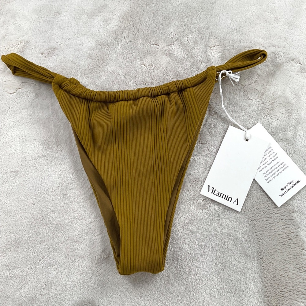 Vitamin A Luciana Ribbed Bikini Bottom Olive Green High Leg Size L U2360B NEW